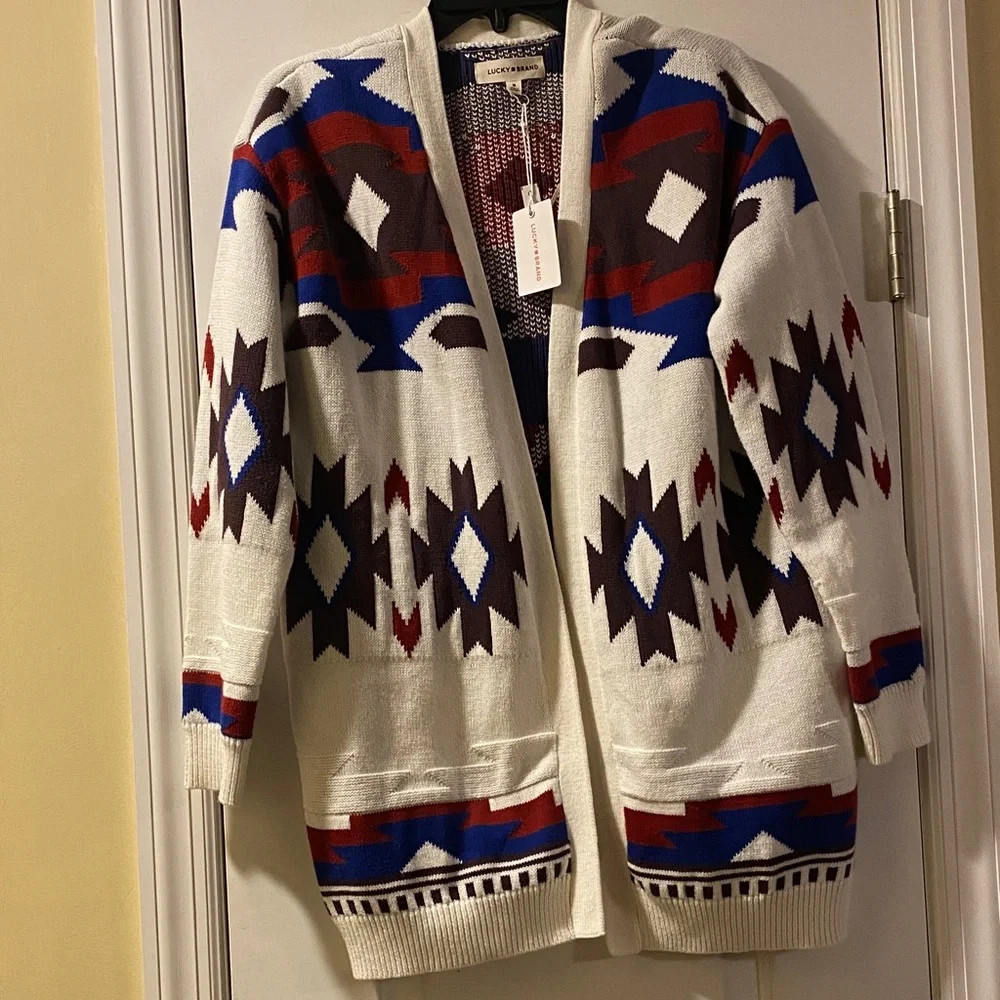 Lucky Brand Cotton Stretch Textured Beautiful Print Longer Cardigan NWT
